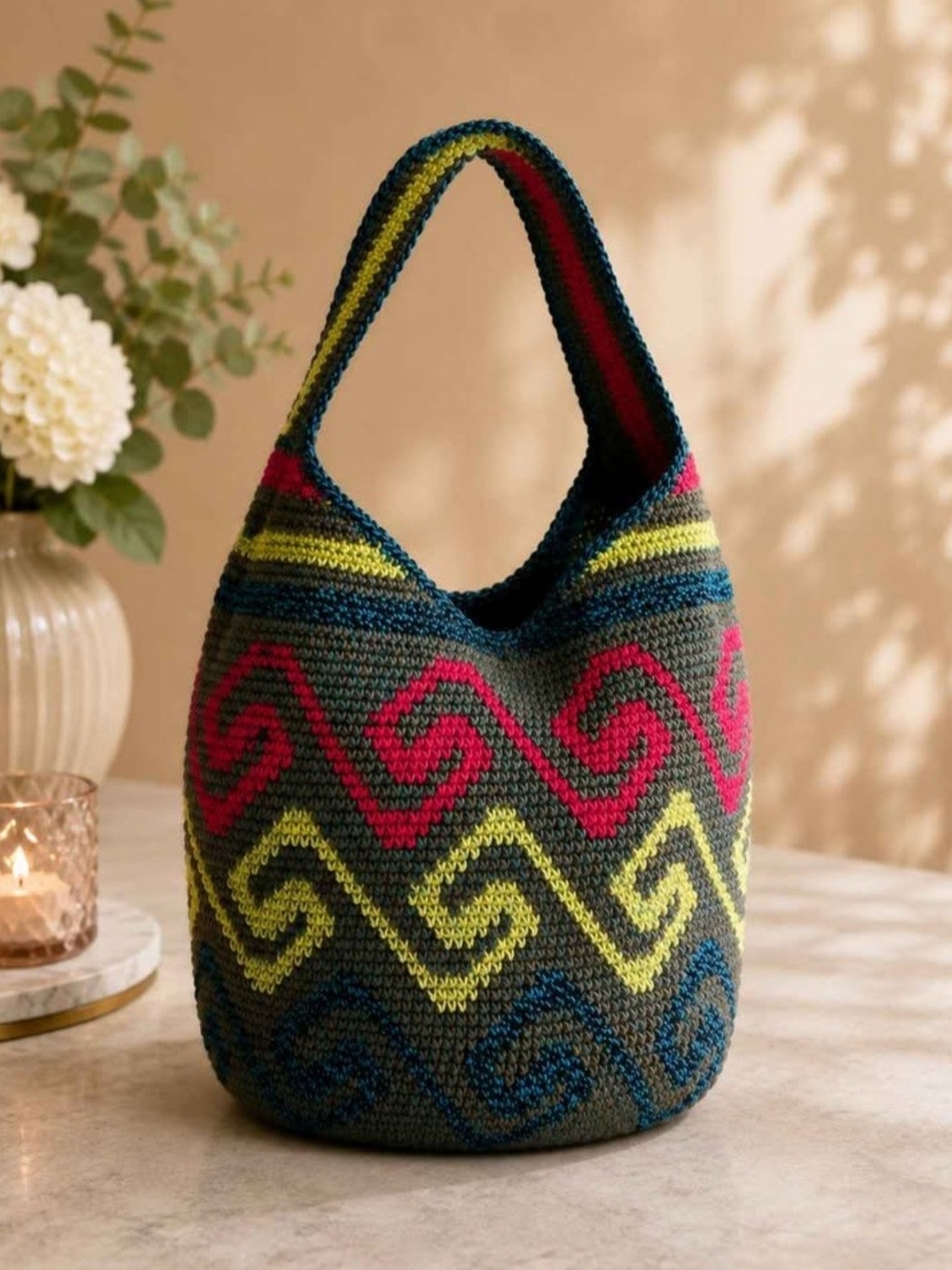 Colorful Crochet Hobo Shoulder Bag Boho Geometric Spiral Knit Tote